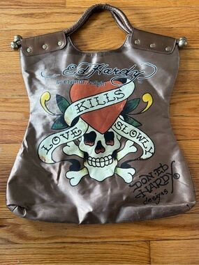 Ed Hardy Brown Satin Tote with Red Heart & Tattoo Skull Graphic